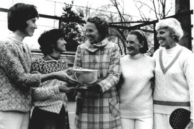 Ethel Kennedy (center) presenting the tournamnet trophy in Chevy Case, MD, to B. J. DeBree, Gloria Dillenbeck (on left) Peggy Stanton and Charlotte Lee (on right)