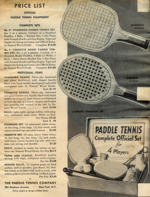 Price list for paddle tennis equipment, late 1930s