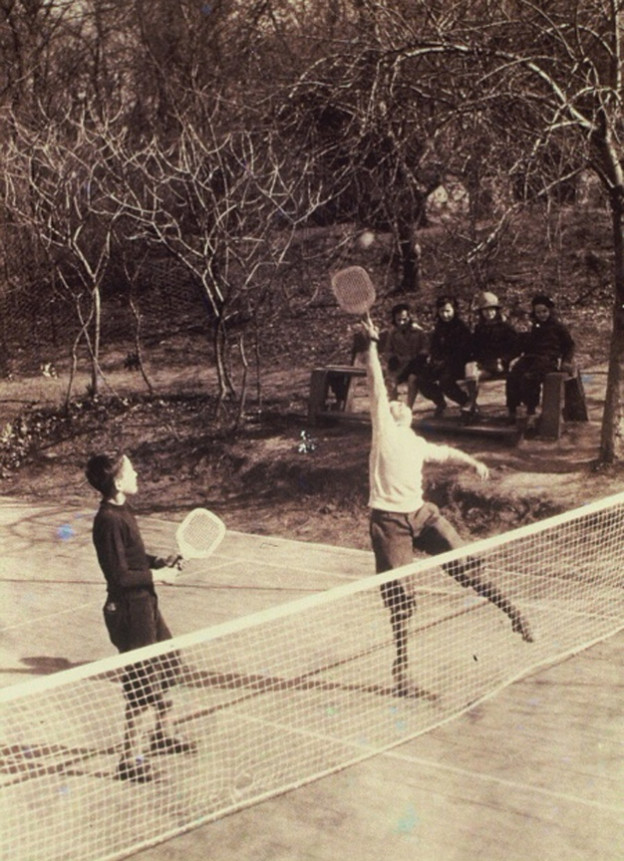 Horton Heath (left) and a friend practice at the original Cogswell court.