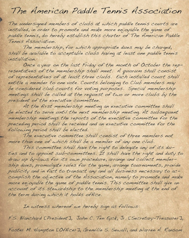 Text from the original charter of the American Paddle Tennis Association. The charter was signed in November 1934.