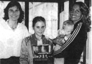 Winners of the 1982 Women's Nationals, Yvonne Hackenberg and Hilary Hi lton Marold, introduce up- and-coming stars, Christi Hackenberg and Chad Marold.