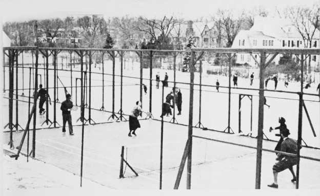 Winter activity at Fox Meadow in 1936 included paddle and ice-skating. Playing paddle are Fess Blanchard and his daughter Ruth (on the right) playing against Kitty Fuller and an unidentified partner.  