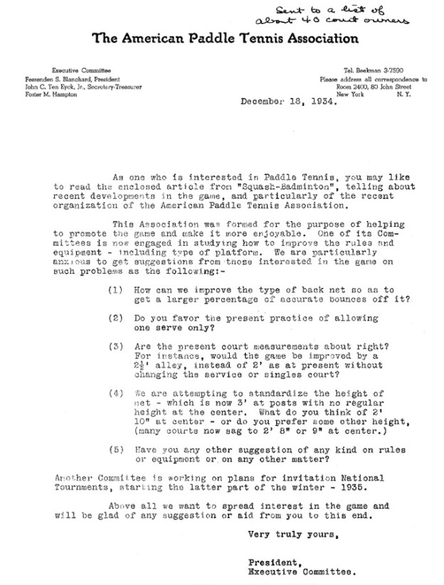 Letter sent by APTA to 40 court owners seeking their opinions on court specifications and playing rules