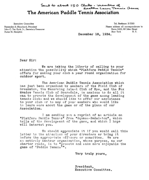 APTA letter to members of the Eastern Lawn Tennis Association explaining the benefits of the game