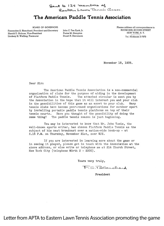 Letter from APTA to Eastern Lawn Tennis Association promoting the game