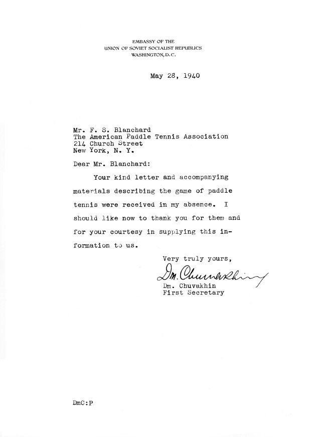Letter from Chuvakhin to Blanchard thanking him for sending details on court construction and playing the game.
