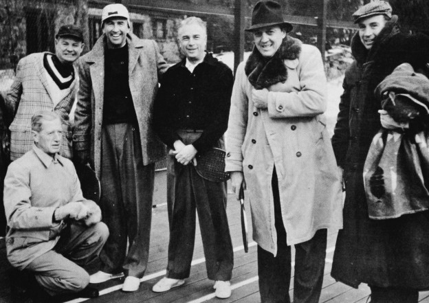 Finalists in Men's Senior Nationals 1958, with Earle Gatchell and Walter Close, who officiated. Left to Right: Earle Gatchell, Jim Carlisle, Frank Pace, Jr., (former Secretary of War), Berk Johnson, Cliff Sutter and Walter Close. Carlisle and Johnson won in 1958, Pace and Sutter in 1959
