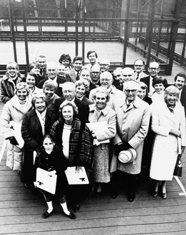 As part of its centennial celebration, the Club honored thirty-seven members who were winners of APTA titles, as well as the founders of paddle. From front, L to R, are winners or their representatives: Forest Carver, Louise Raymond, Babs Price Naylor, Ted and Madge Beck, Killy Kilmarx, Sally Auxford, Do Deland, Susie Wasch, Molly Ware, George Harrison, John Ware, Ruthie Chalmers, Laurie Nelson Ackermann, Zan Carver, Jr., Lois and Dick Hebard, Walter Close, Berkeley Johnson, Jr., Ed Raymond, Bob Brown, Ann Brown, Laura Parker, Jim Carlisle, Bob and Ollie Kingsbury, Bill Koegel, George Schmid, Marie Walker Plant, and Peter Moore.