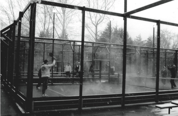 Steam rises from a heated court at the 1994 National Championships held at Fox Meadow Tennis Club.The last Men's and Women's Nationals to be held at Fox Meadow