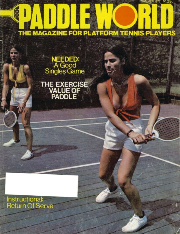 Karen (left) and identical twin sister, Kim Barker, enjoy playing summer platform tennis on a private court in New Canaan, CT. The court belongs to Herman Schaefer, a finalist in the APTA Men's Nationals, 1953