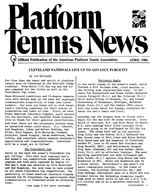Jim McCready reported on the Presidents Cup and the Cleveland Nationals in the April edition of Platform Tennis News.