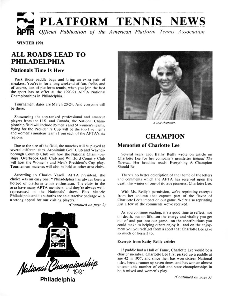 Platform Tennis News remembers Charlotte Lee