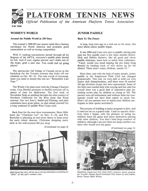 Fall 1988 edition of Platform Tennis News