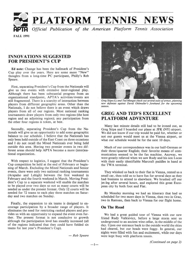 Platform Tennis News covered the innovations
