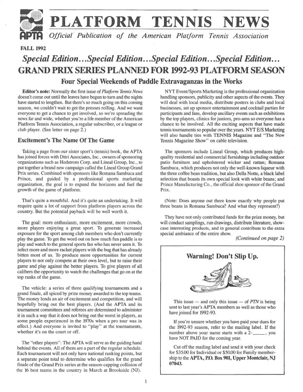 Platform Tennis News announces the Lineal Group Grand Prix Series