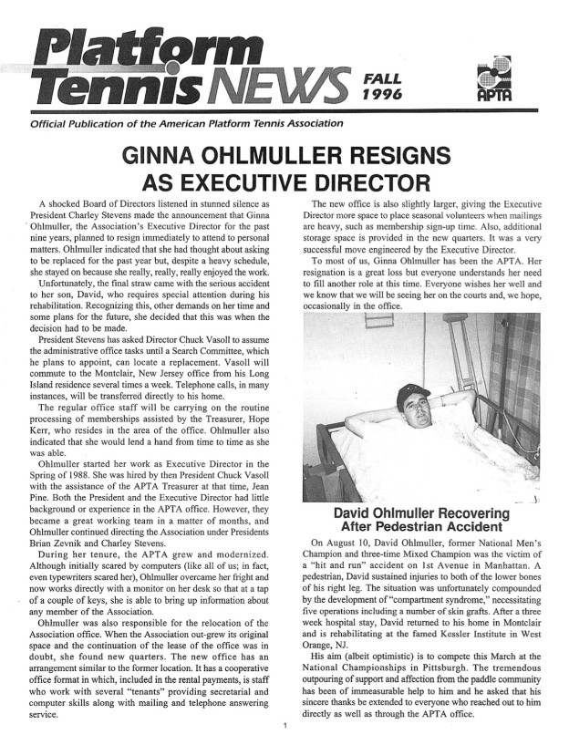A serious accident to her son required Ginna to resign after nine successful years as Executive Director