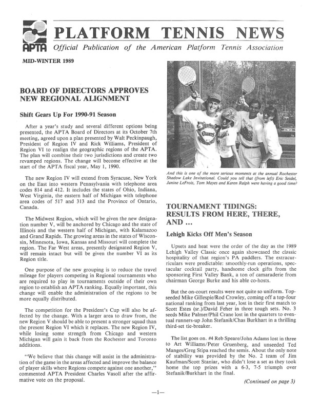 Platform Tennis News covers regional alignment