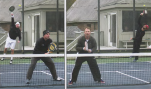 Pictured above left: Brian Heil serves with Denny English at the net. Pictured above right: Jon Lubow waits at net as Steve DeRose serves